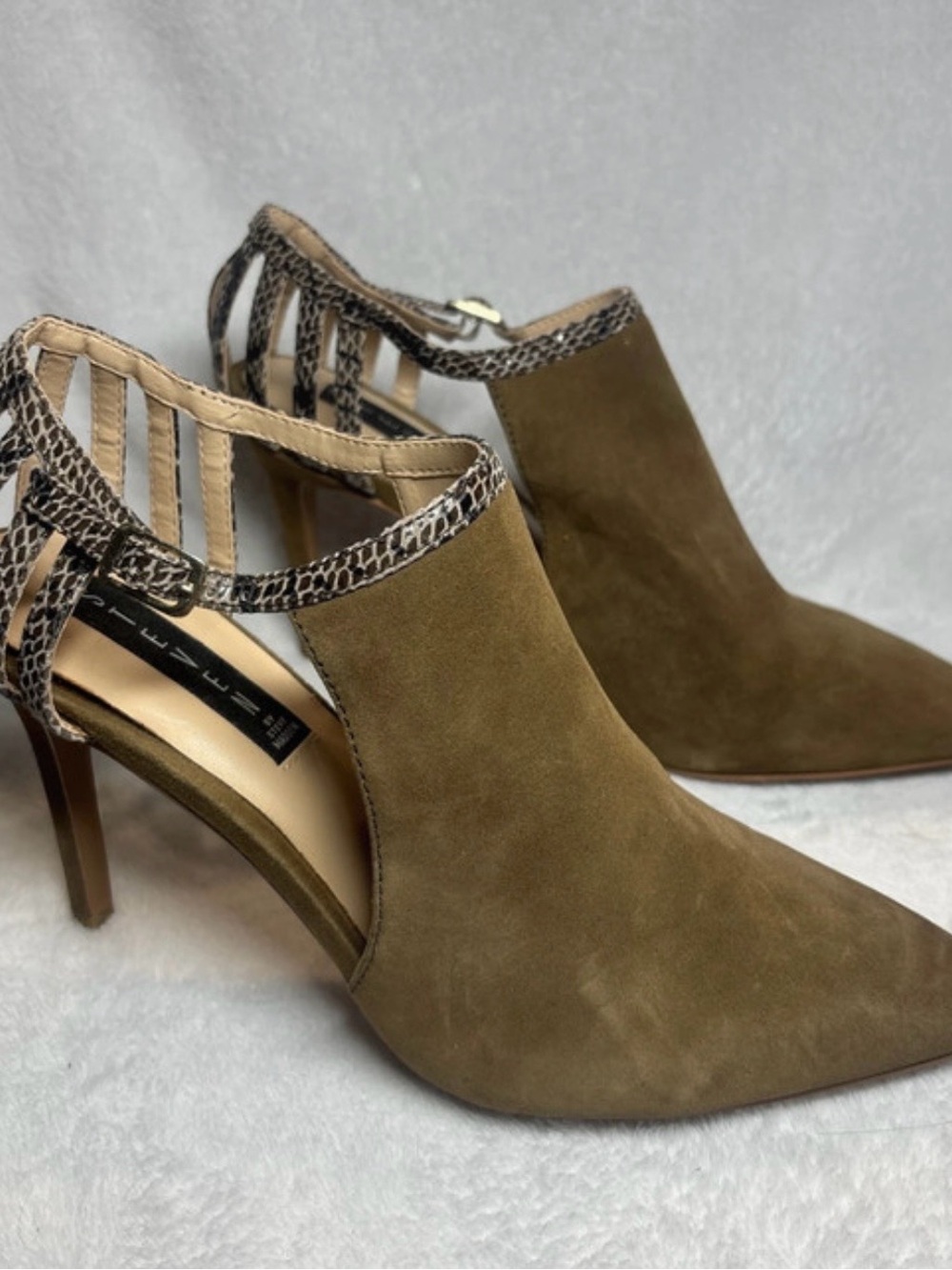 Steve Madden Olive Suede Pointed-Toe Slingback Heels with Snakeskin Trim